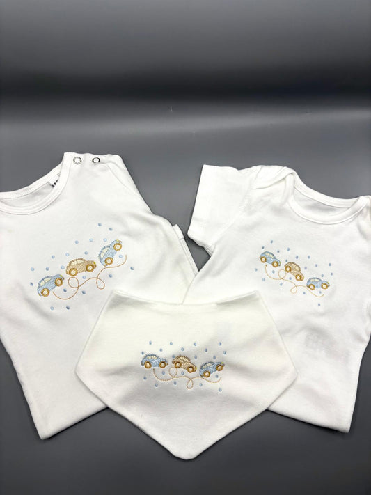 Vintage Car Embroidered Baby Gift Set | Romper, Bodysuit & Bandana Bib