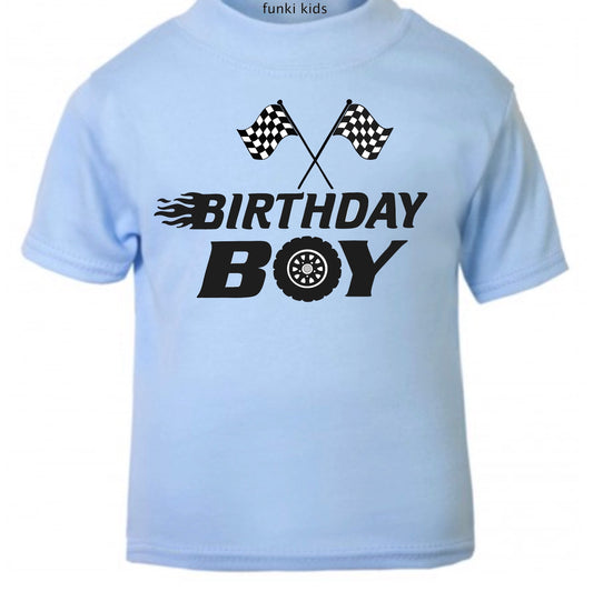 Personalised racing car birthday t-shirt for kids with name and age