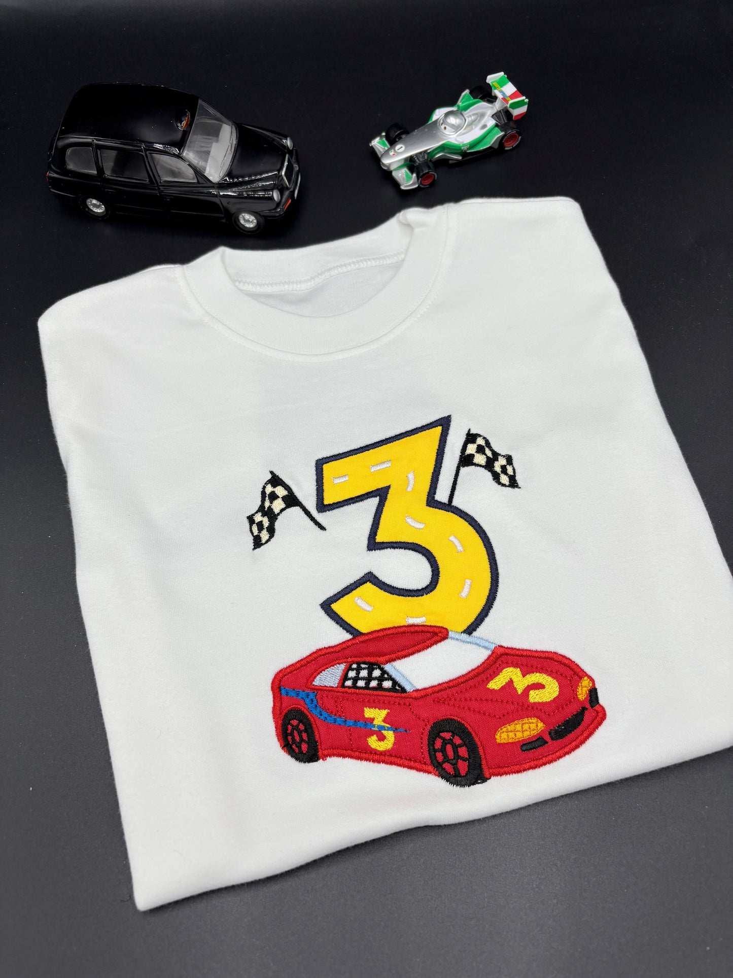 Personalised Racing Car Birthday T-Shirt with Appliqué Age – Custom Kids Birthday Top