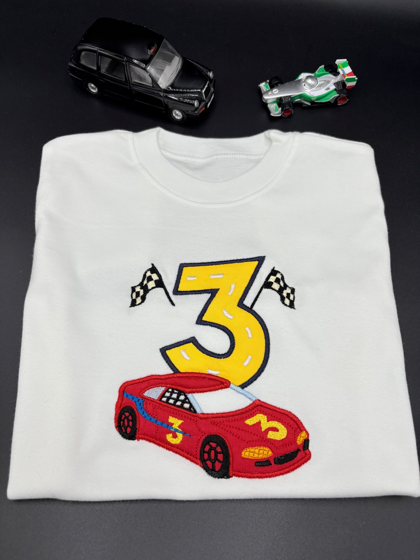 Personalised Racing Car Birthday T-Shirt with Appliqué Age – Custom Kids Birthday Top