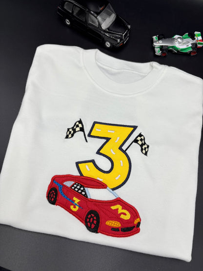 Personalised Racing Car Birthday T-Shirt with Appliqué Age – Custom Kids Birthday Top