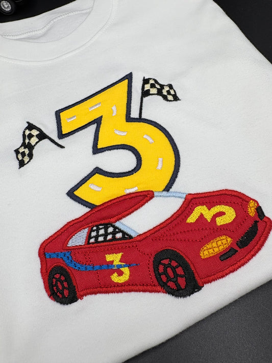 Personalised Racing Car Birthday T-Shirt with Appliqué Age – Custom Kids Birthday Top