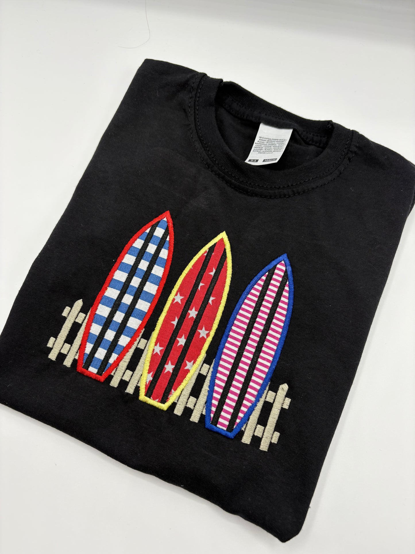 Kids Surfboard T-Shirt – Three Surfboards Appliqué & Embroidery – Handmade Funki Kids Shirt