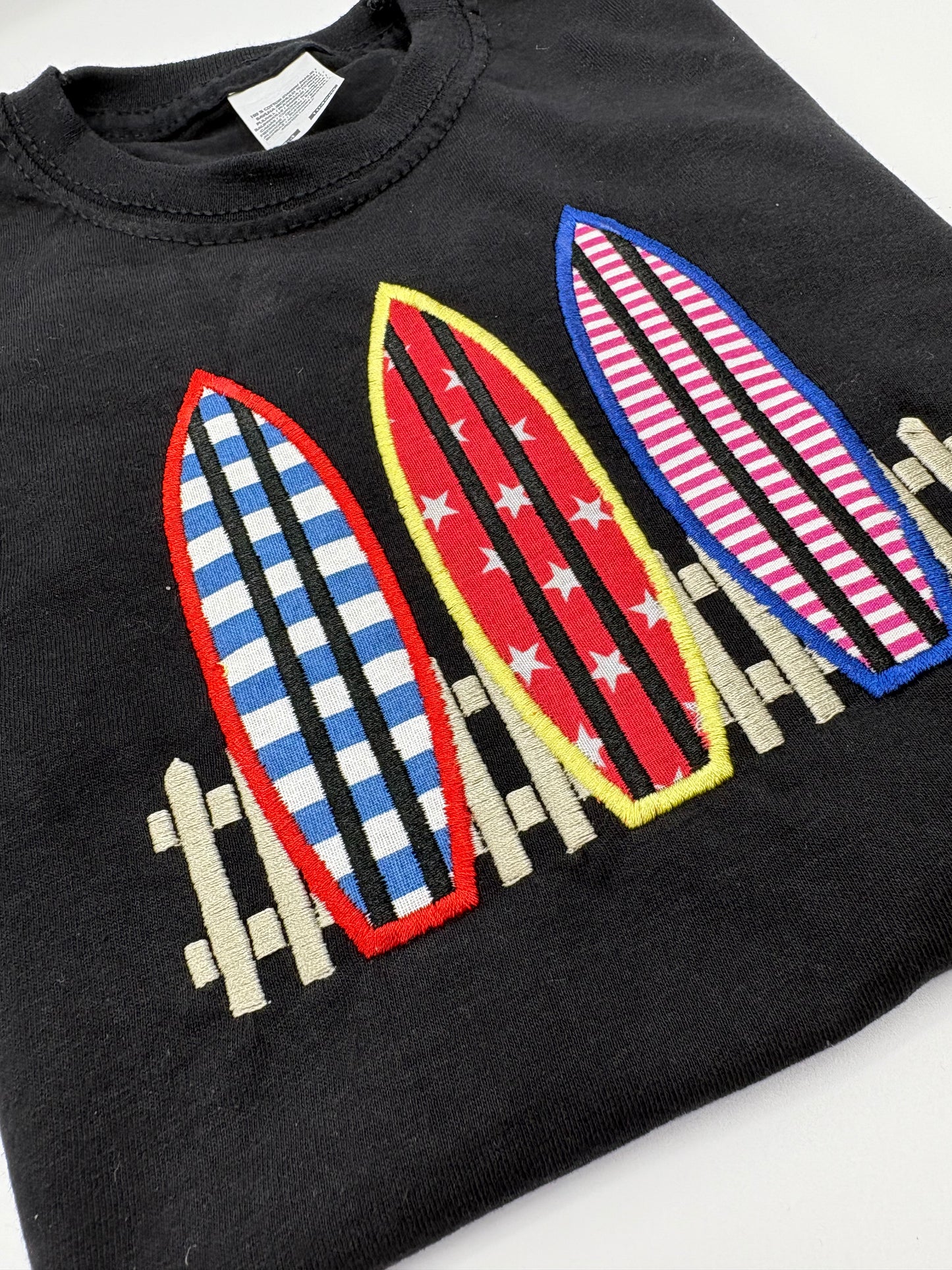 Kids Surfboard T-Shirt – Three Surfboards Appliqué & Embroidery – Handmade Funki Kids Shirt