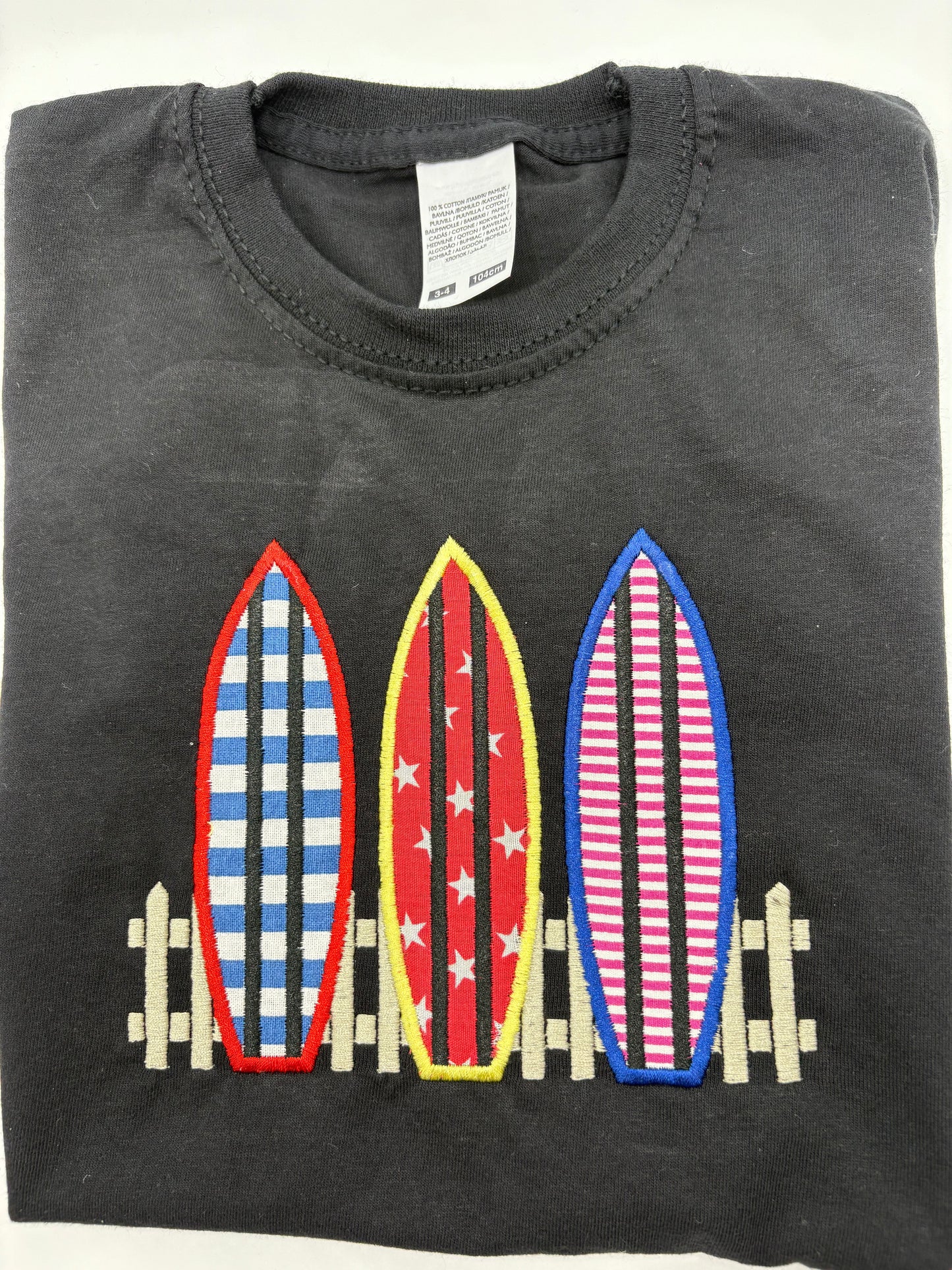 Kids Surfboard T-Shirt – Three Surfboards Appliqué & Embroidery – Handmade Funki Kids Shirt