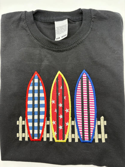 Kids Surfboard T-Shirt – Three Surfboards Appliqué & Embroidery – Handmade Funki Kids Shirt