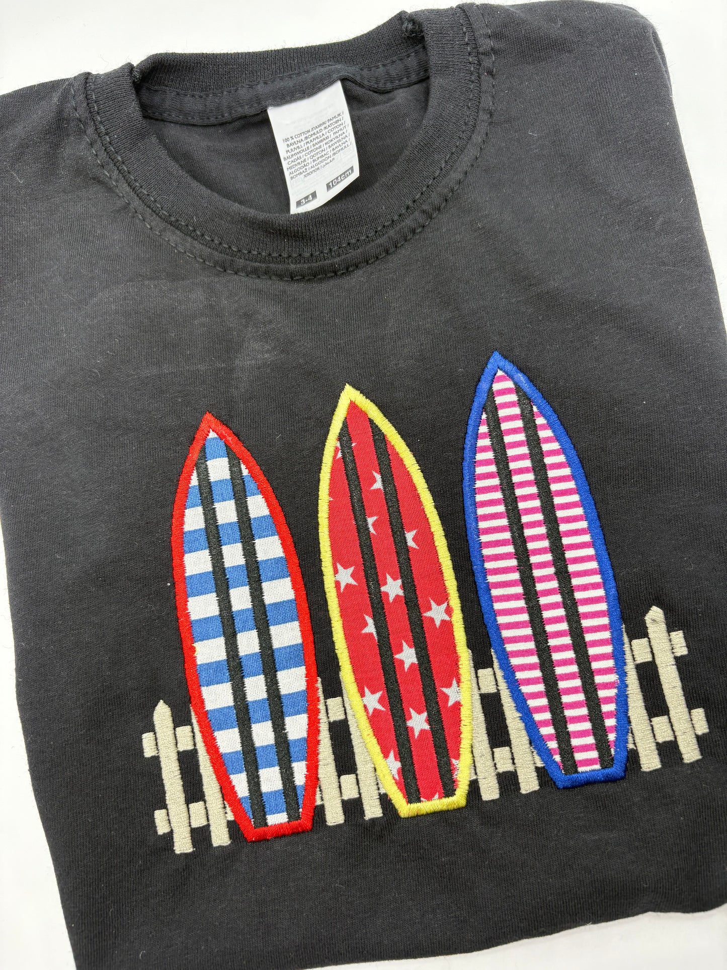 Kids Surfboard T-Shirt – Three Surfboards Appliqué & Embroidery – Handmade Funki Kids Shirt