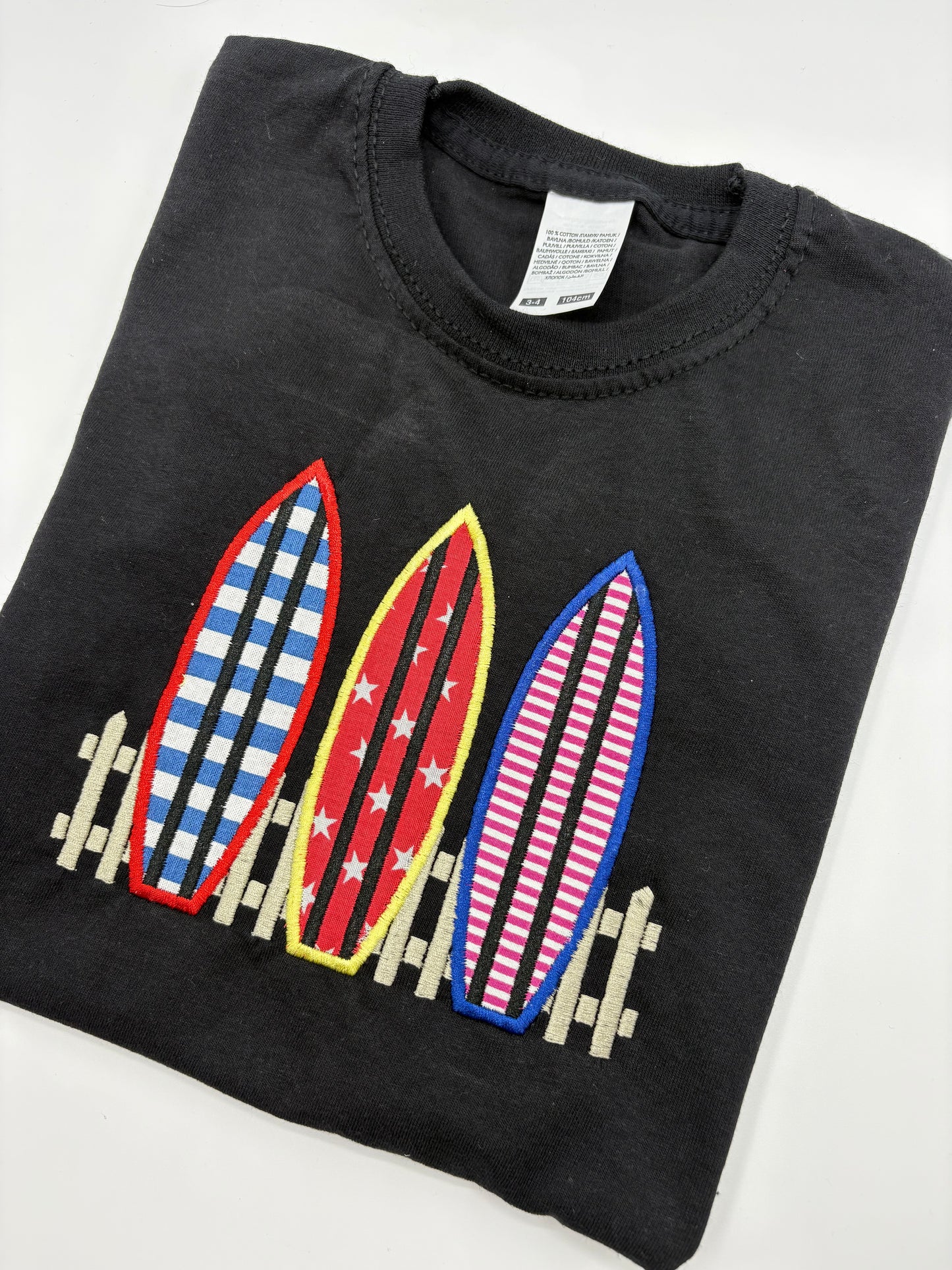 Kids Surfboard T-Shirt – Three Surfboards Appliqué & Embroidery – Handmade Funki Kids Shirt