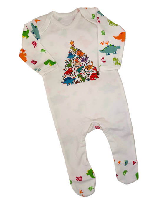 Funki Kids Christmas Dinosaur Babygrow | Dino Christmas Tree Baby Sleepsuit | Festive Baby Gift