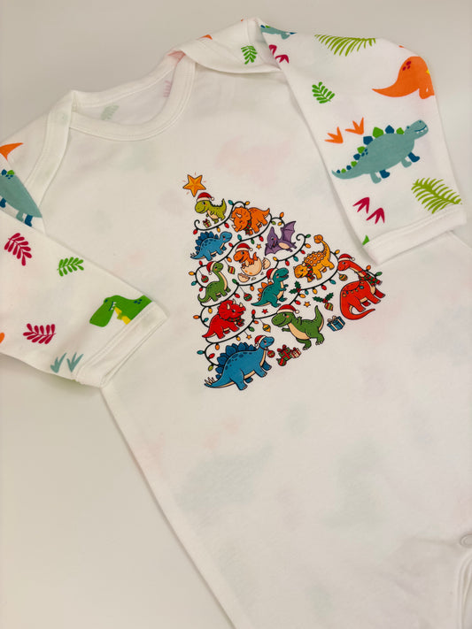 Funki Kids Christmas Dinosaur Babygrow | Dino Christmas Tree Baby Sleepsuit | Festive Baby Gift