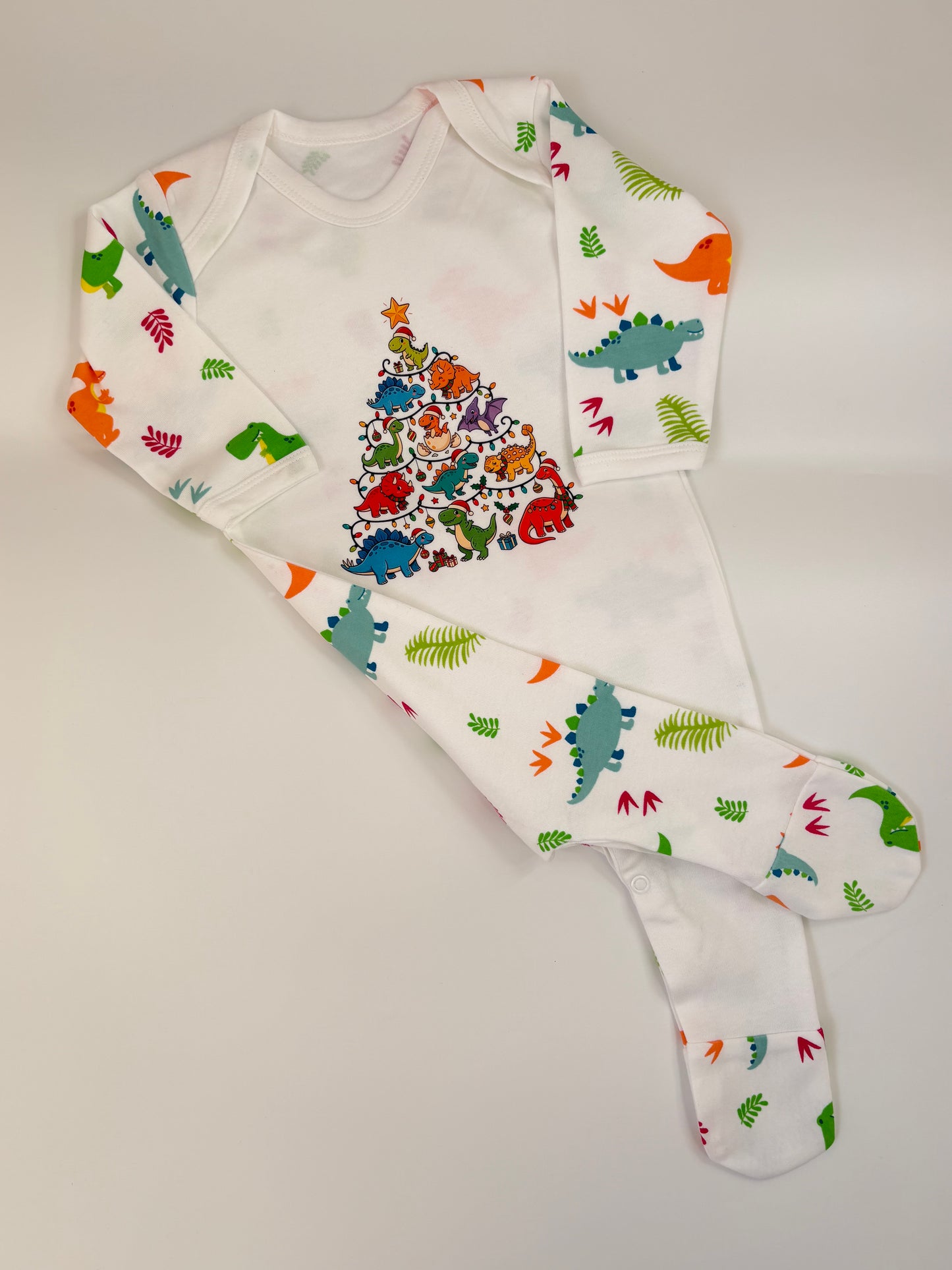 Funki Kids Christmas Dinosaur Babygrow | Dino Christmas Tree Baby Sleepsuit | Festive Baby Gift