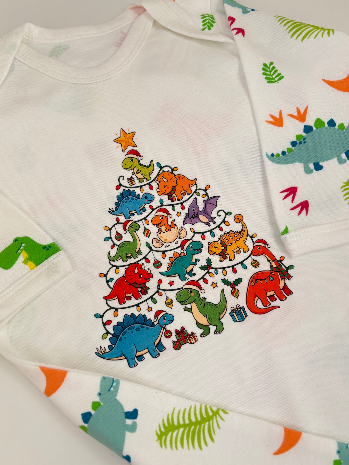 Funki Kids Christmas Dinosaur Babygrow | Dino Christmas Tree Baby Sleepsuit | Festive Baby Gift