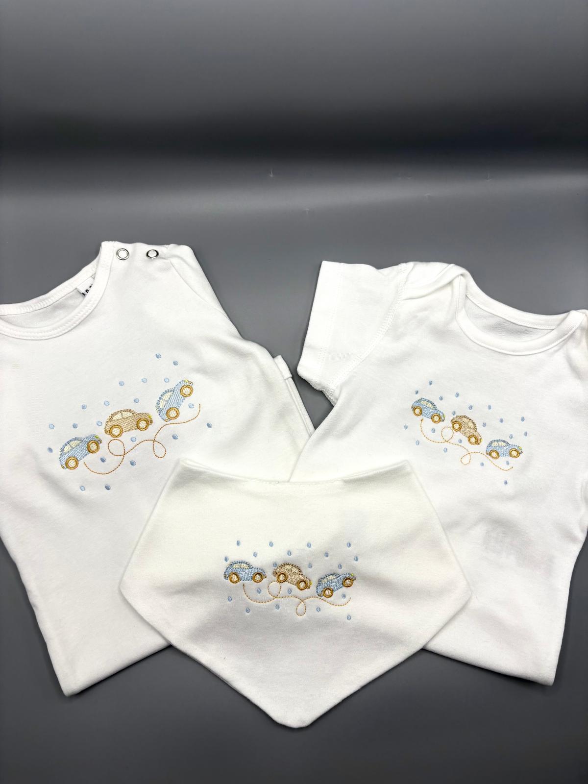 Vintage Car Embroidered Baby Gift Set | Romper, Bodysuit & Bandana Bib