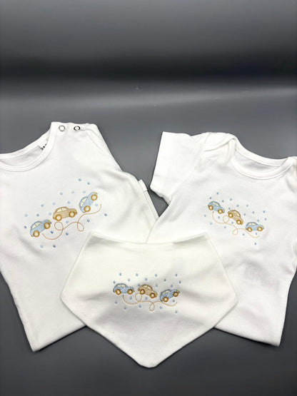 Vintage Car Embroidered Baby Gift Set | Romper, Bodysuit & Bandana Bib