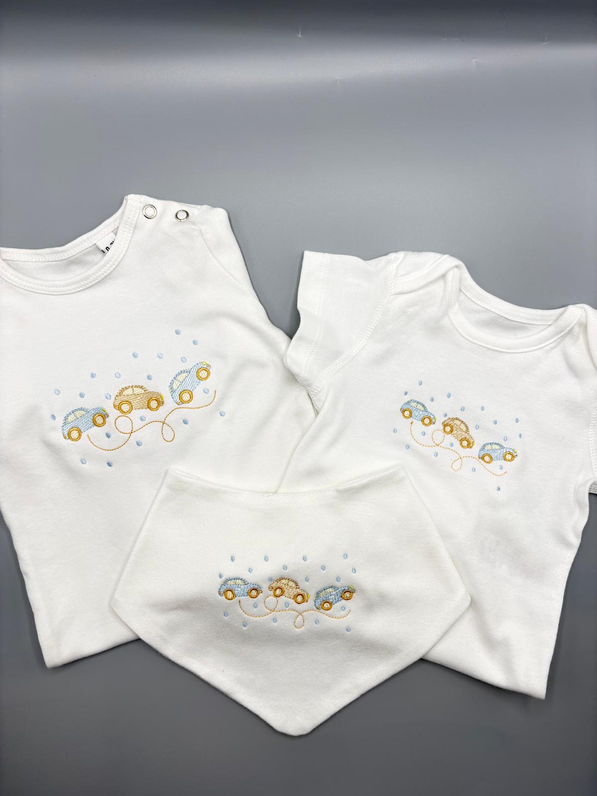 Vintage Car Embroidered Baby Gift Set | Romper, Bodysuit & Bandana Bib