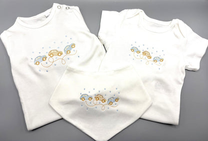 Vintage Car Embroidered Baby Gift Set | Romper, Bodysuit & Bandana Bib