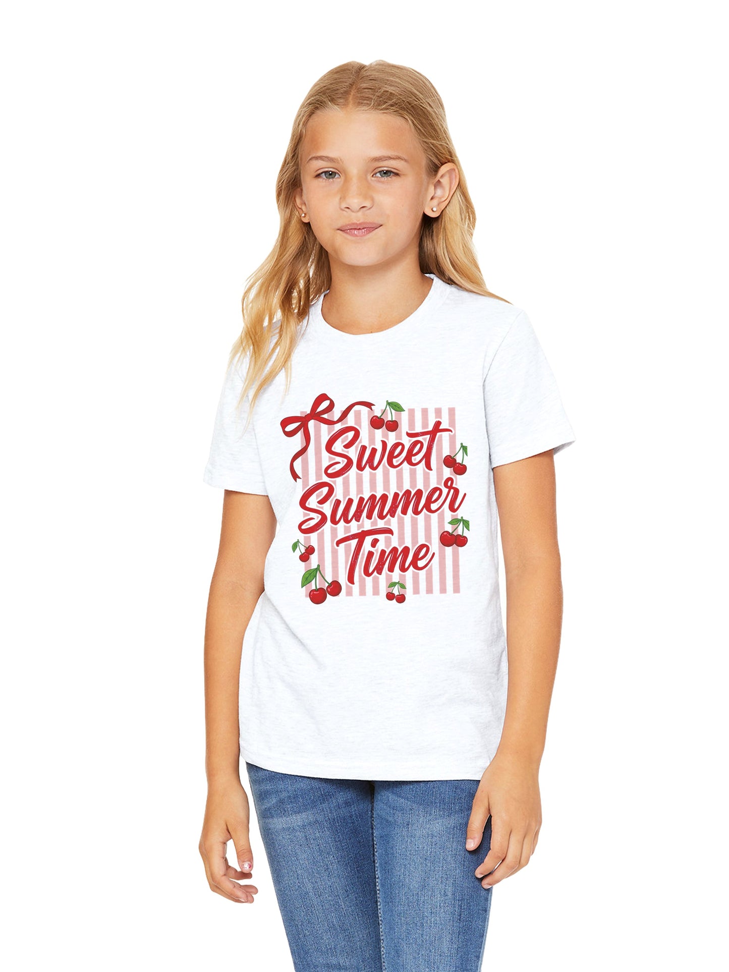 Girl wearing white tshirt with red cherry's print and wording  "Sweet Summer Time" with with red lines
