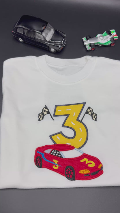 Personalised Racing Car Birthday T-Shirt with Appliqué Age – Custom Kids Birthday Top